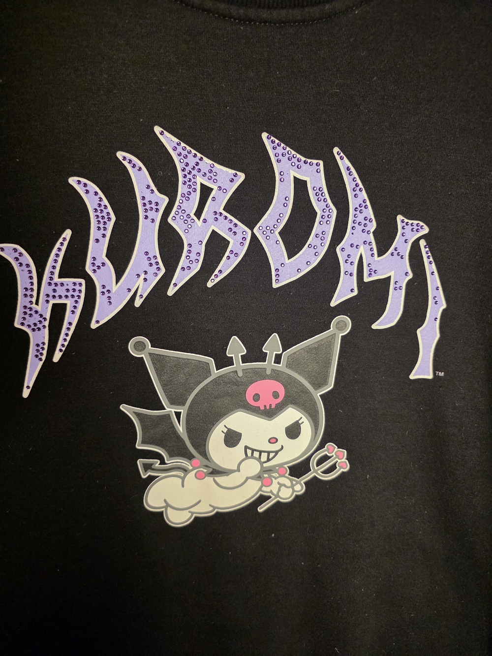Sanrio Kuromi Black Sweatshirt Rhinestone Graphic Satin Lace Up Sides Womens - Picture 2 of 7